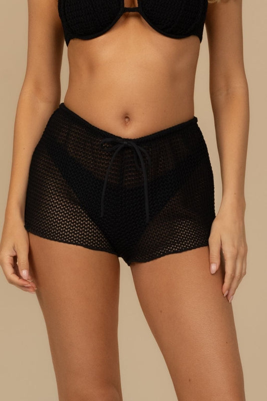 Black Crochet Low-Rise Drawstring Short in black crocheted fabric, front view