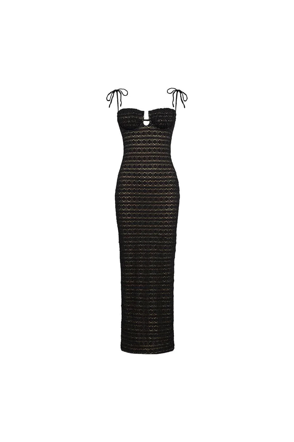 Black Daisy Lace Petal Long Slip Dress in black — detail view | Belle Mar Swim