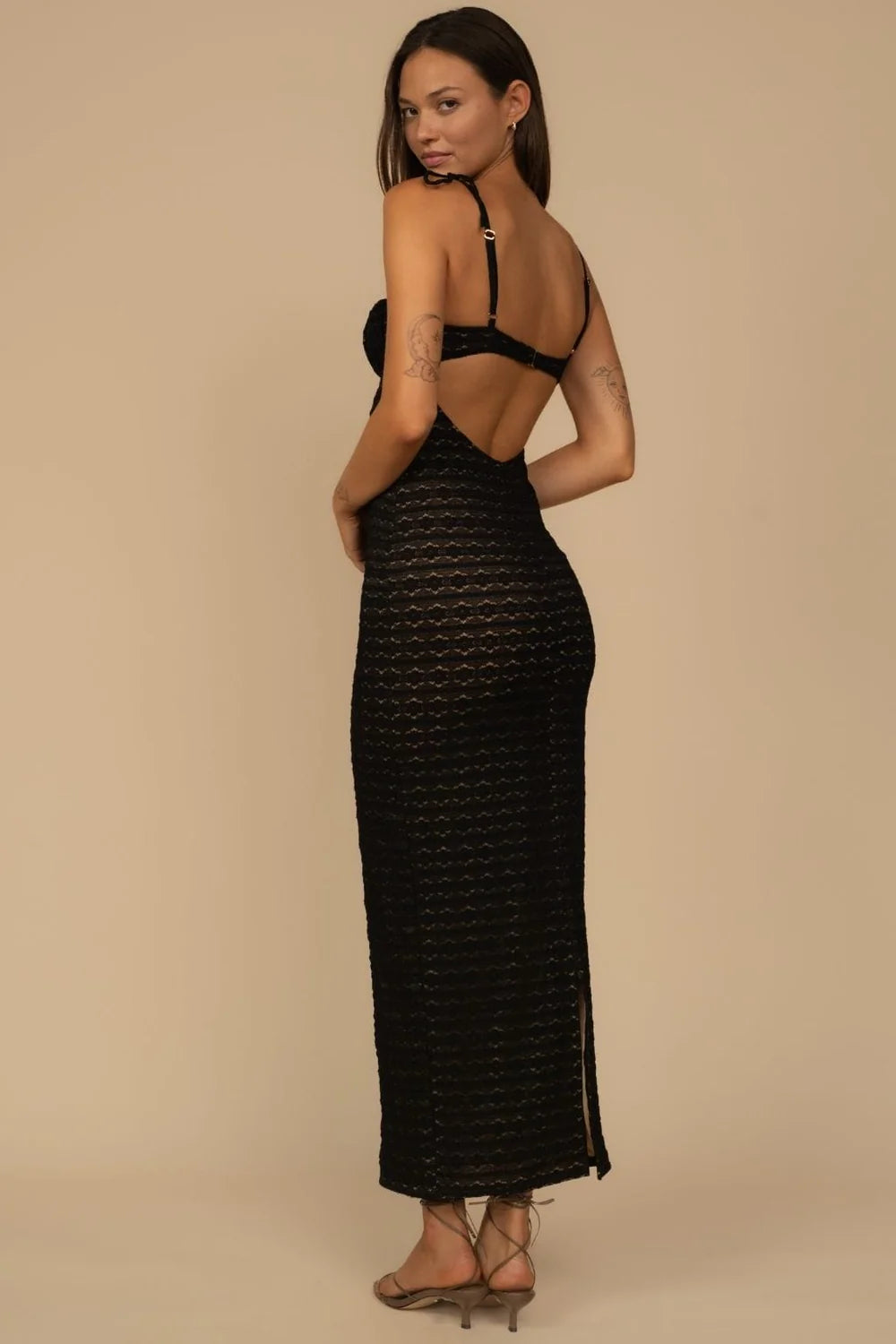 Black Daisy Lace Petal Long Slip Dress in black — back view | Belle Mar Swim