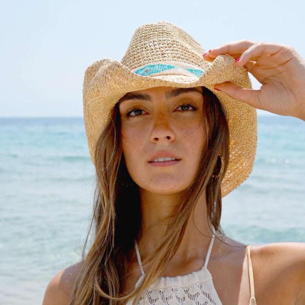 Blue Jaye crochet raffia cowboy hat in natural, worn — Nikki Beach