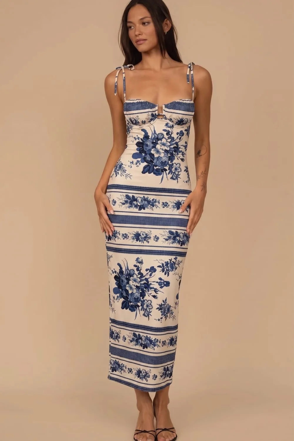 Montce Petal Long Slip Dress Blue Toile Stripe