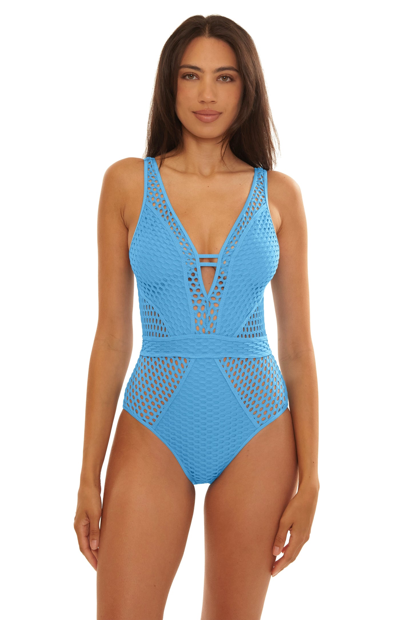 Becca Castaway Plunge One Piece Sky Blue — styled view | Belle Mar Swim