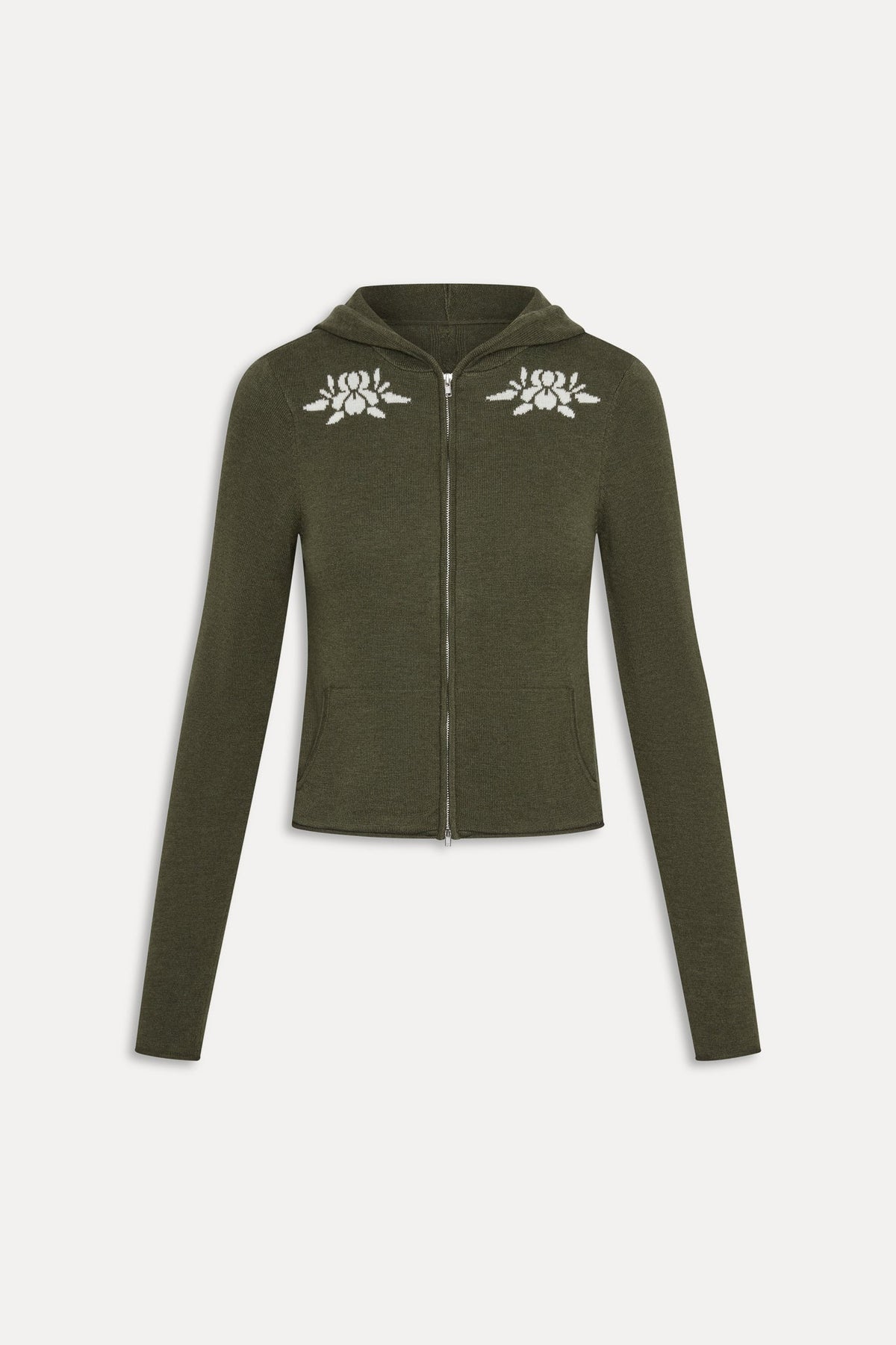 Calvin knit zip up hoodie in Alpine Flower olive, flat lay product shot