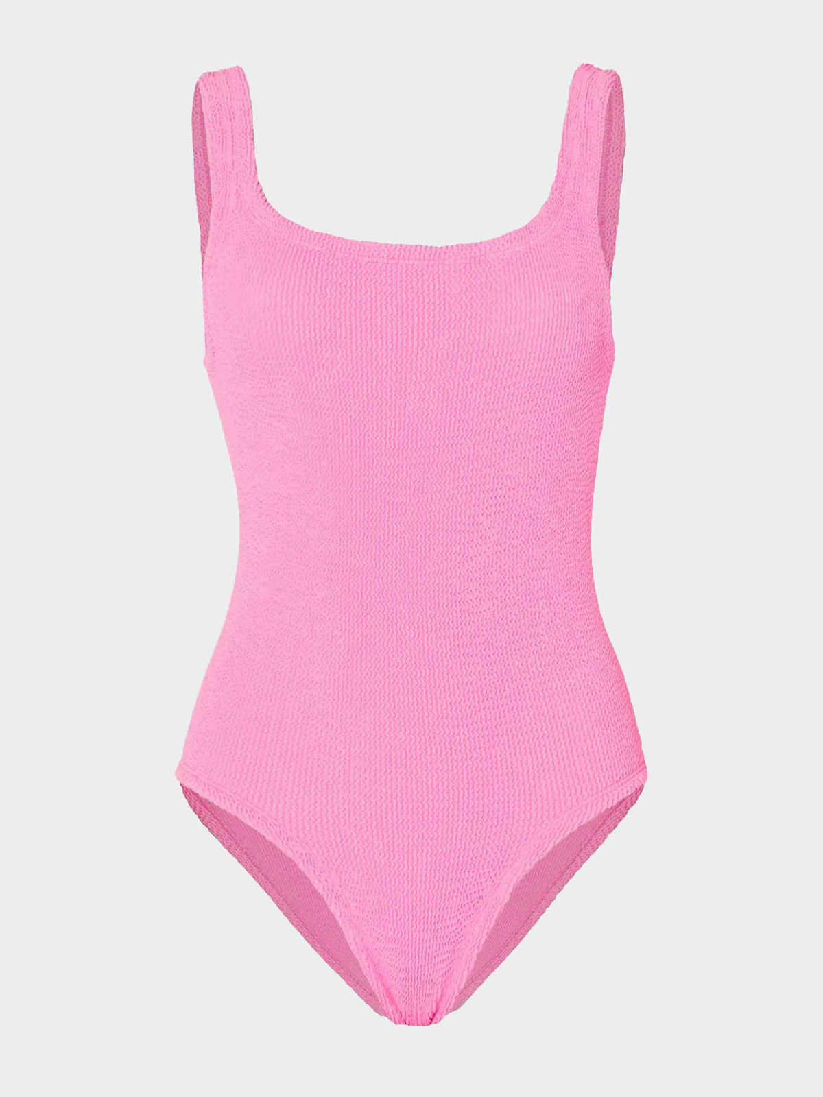 Hunza G Coverage Square Neck One Piece in Bubblegum — front view on model | Belle Mar Swim