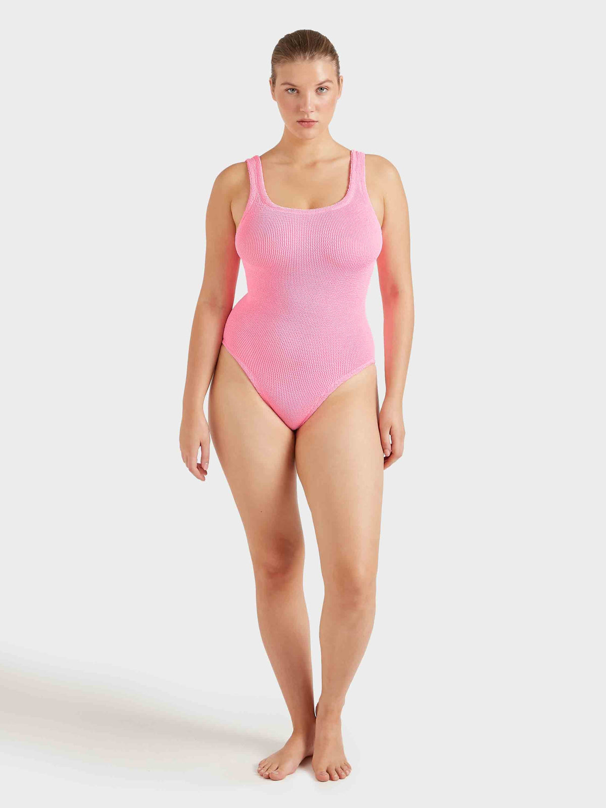 Hunza G Coverage Square Neck One Piece in Bubblegum — flat lay | Belle Mar Swim