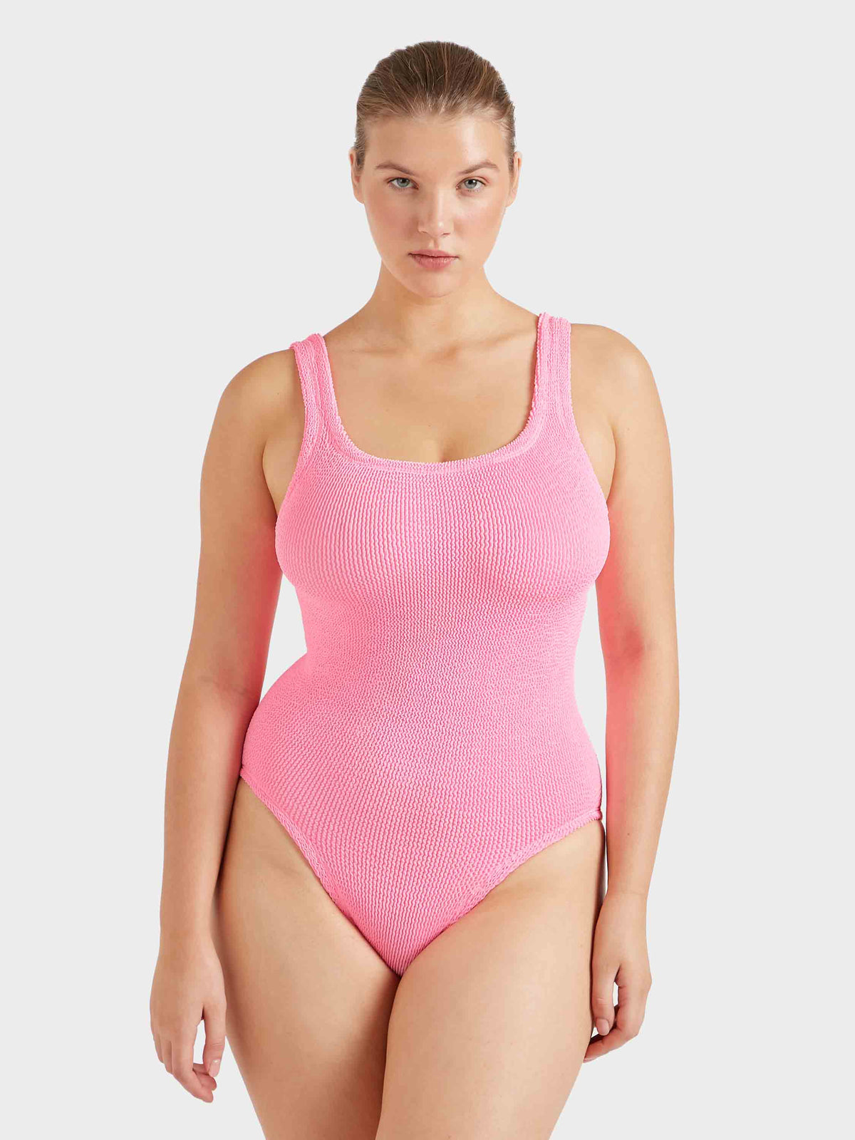 Hunza G Coverage Square Neck One Piece in Bubblegum — front crop | Belle Mar Swim