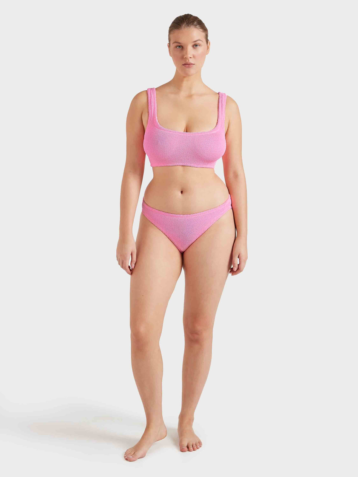 Hunza G Coverage Xandra Bikini in Bubblegum — flat lay | Belle Mar Swim