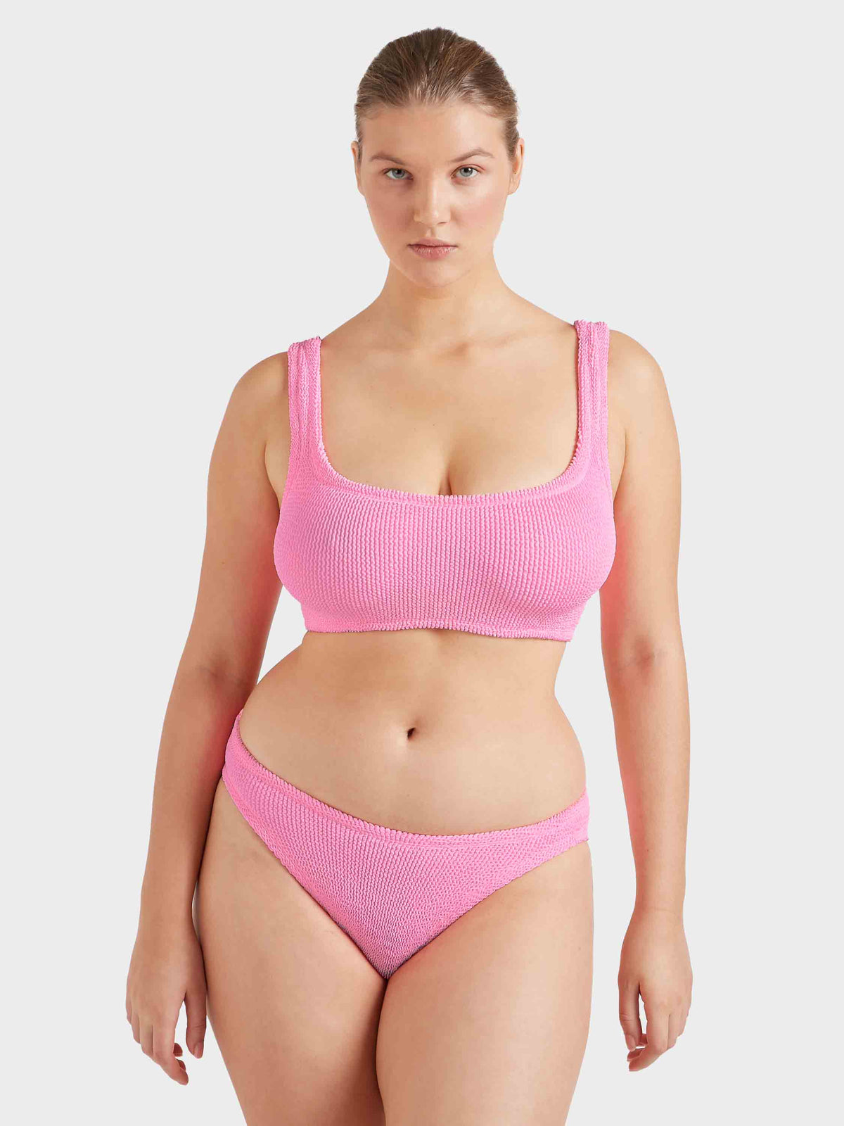 Hunza G Coverage Xandra Bikini in Bubblegum — front crop | Belle Mar Swim