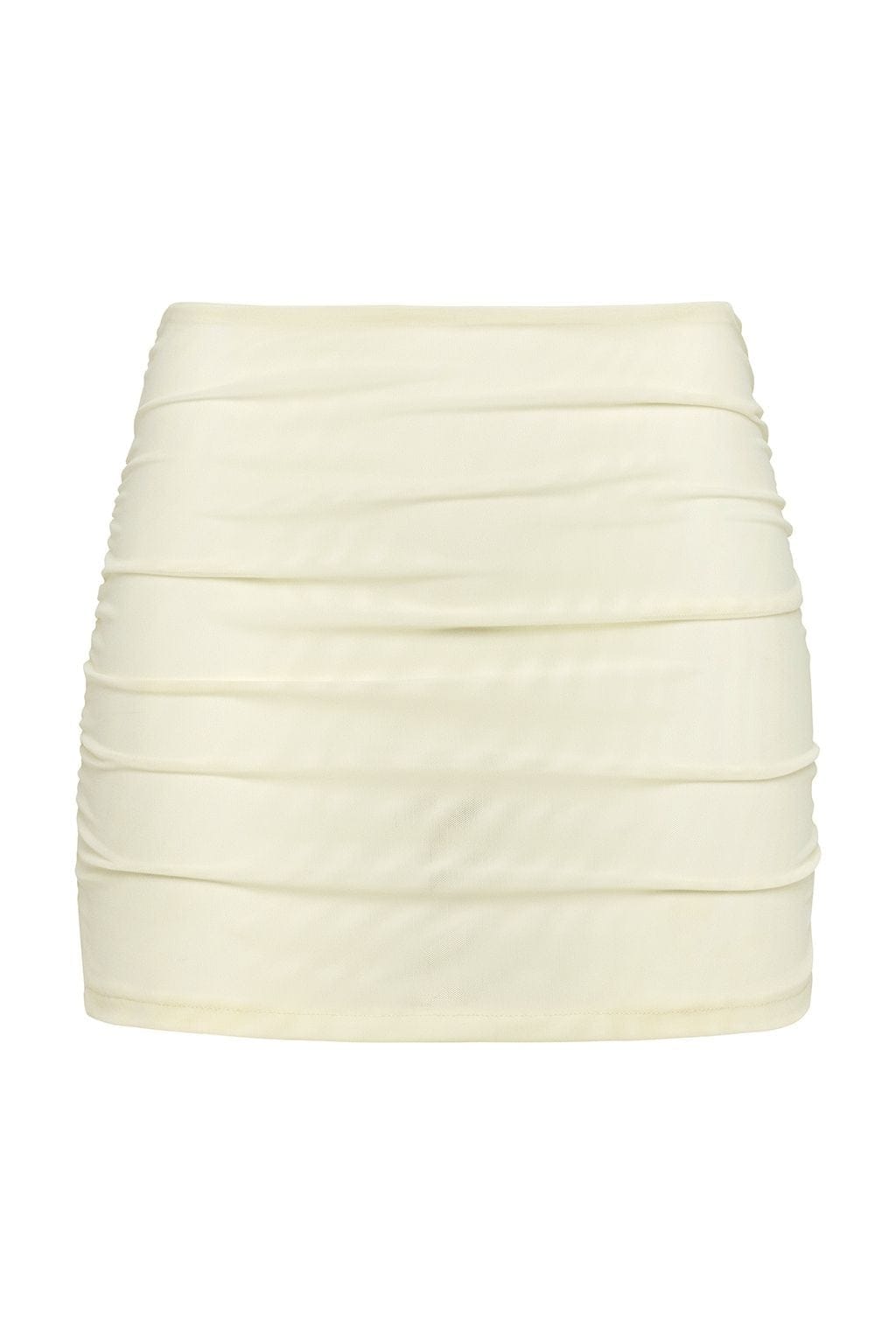 Cream Mesh Ruched Micro Skirt in cream — detail view | Belle Mar Swim