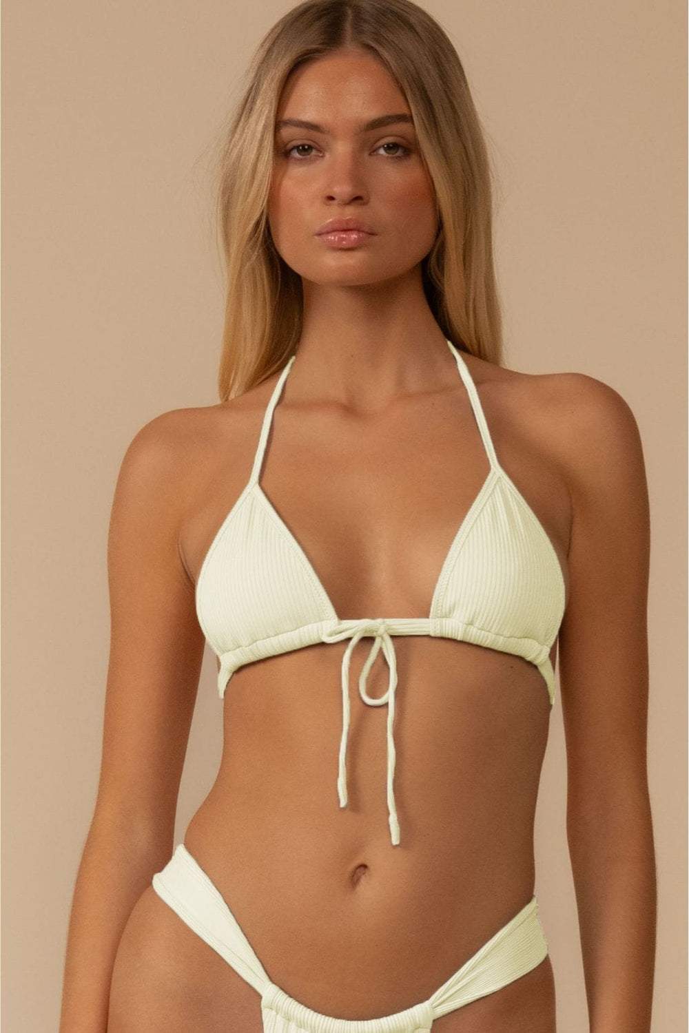 Cream Rib Binded Emma (Zig-Zag Stitch) Bikini Top in white — styled view | Belle Mar Swim