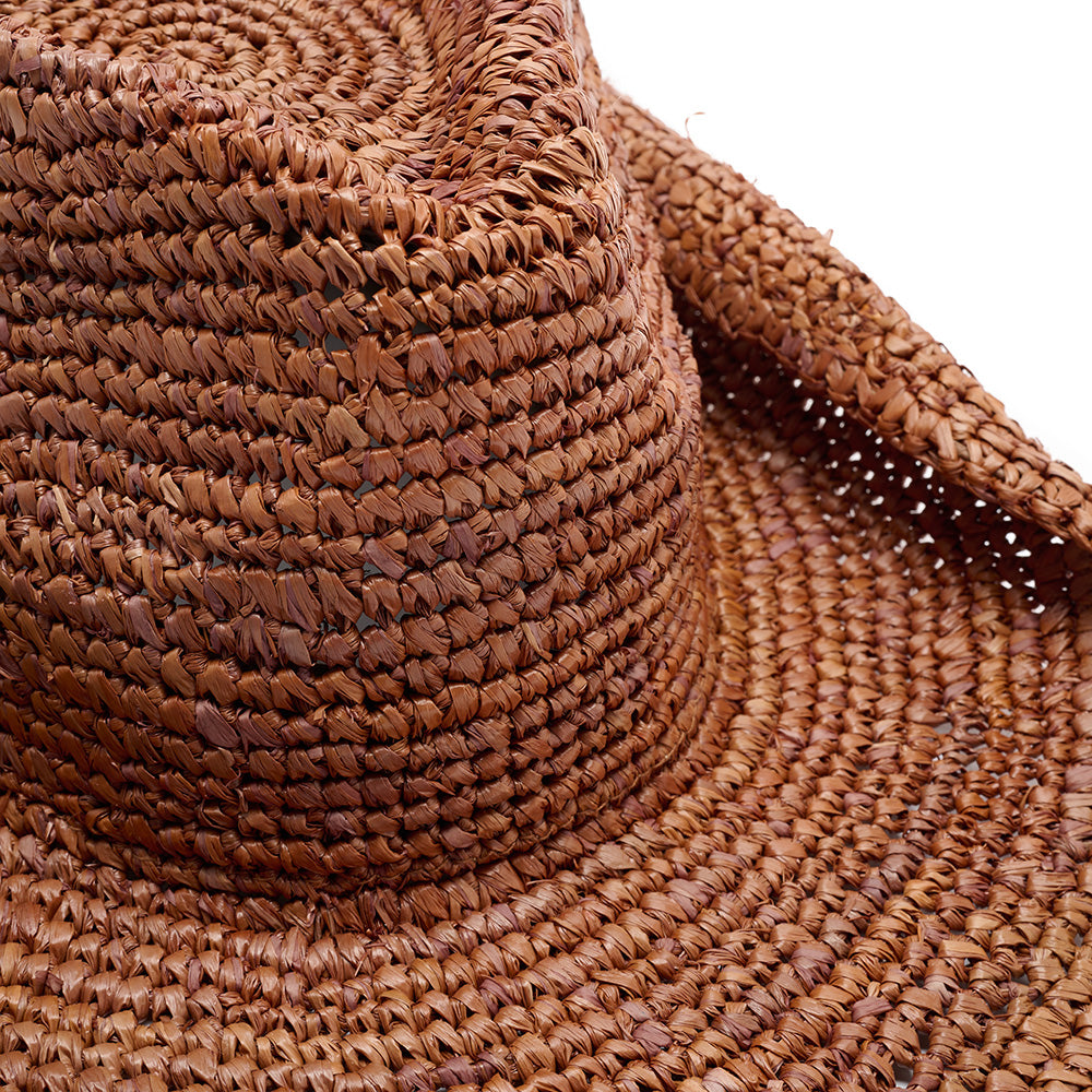 Diano crochet raffia cowboy hat in brown with memory-wire brim — Nikki Beach sun hat