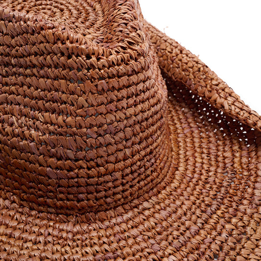 Diano crochet raffia cowboy hat in brown with memory-wire brim — Nikki Beach sun hat