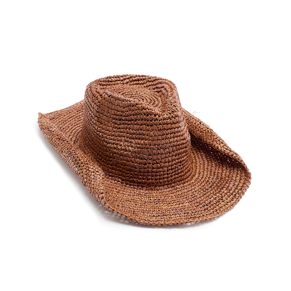 Diano crochet raffia cowboy hat in brown, side view — Nikki Beach