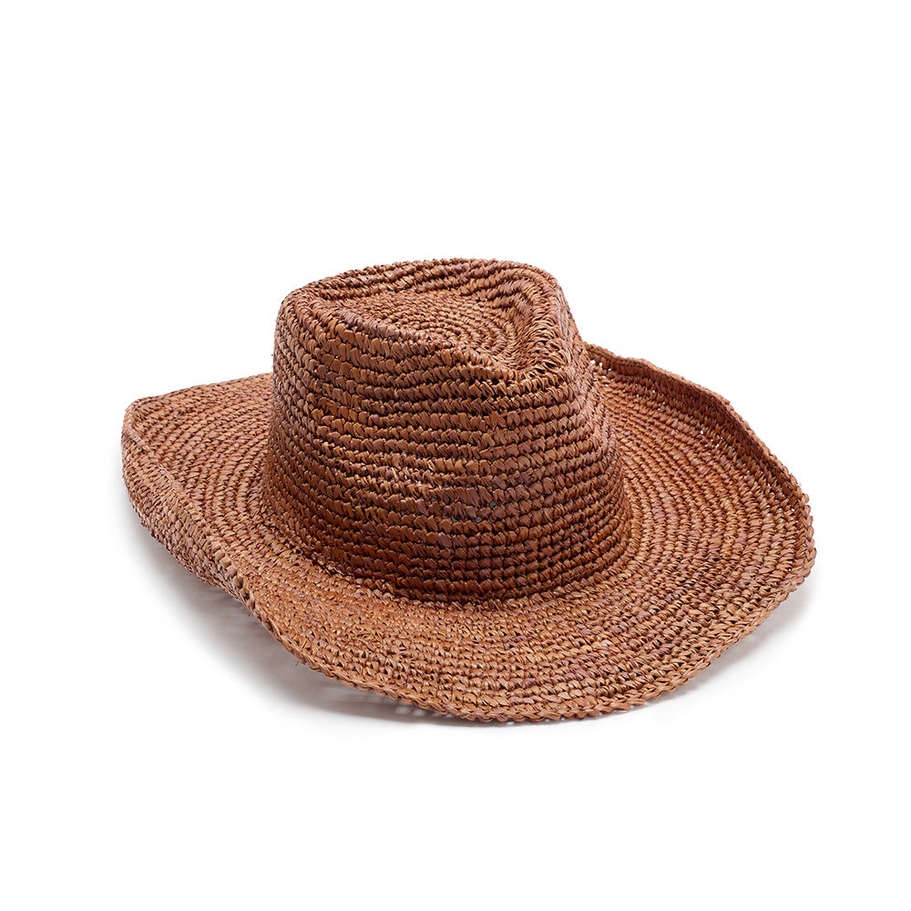 Diano crochet raffia cowboy hat in brown, detail — Nikki Beach