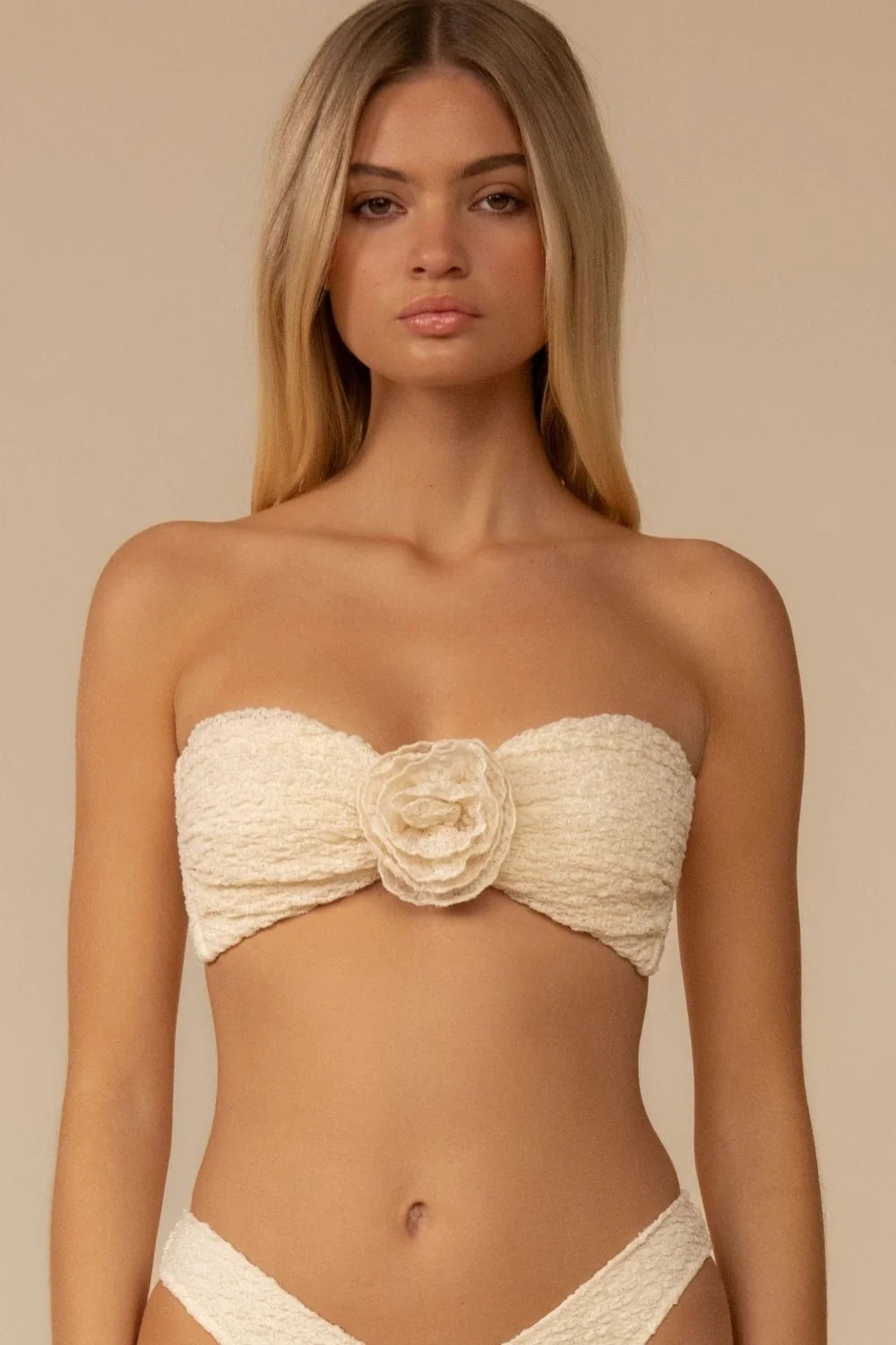 Montce Amalia Texture Rosa Bandeau Bikini Top in white — front view | Belle Mar Swim