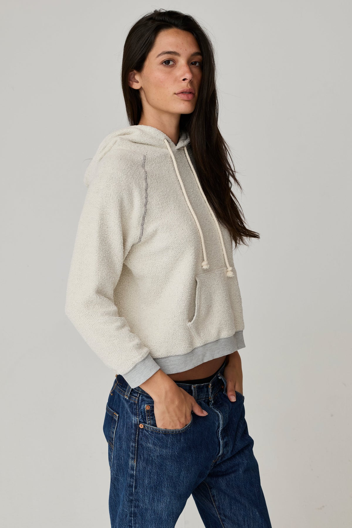 Asher Ryan Reverse Shrunken Hoodie in Heather Grey, side view