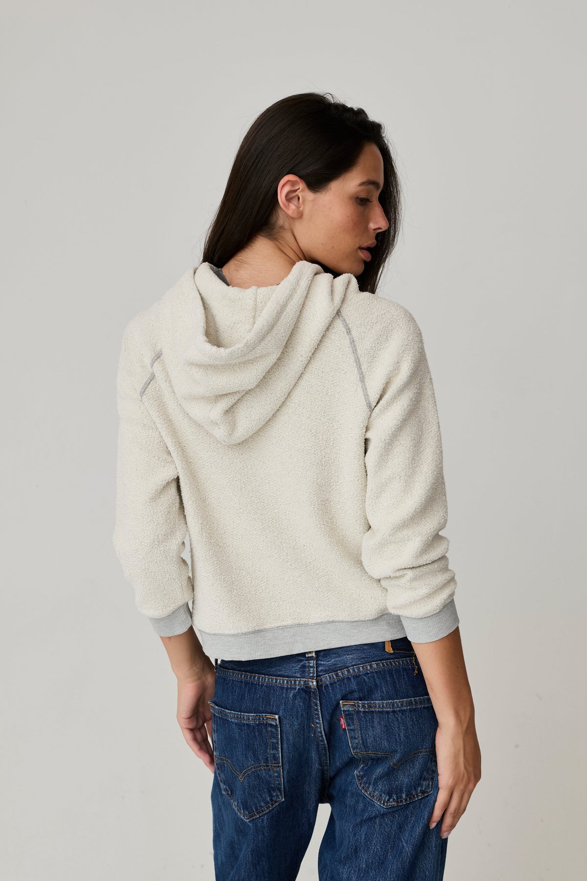 Asher Ryan Reverse Shrunken Hoodie in Heather Grey, detail view