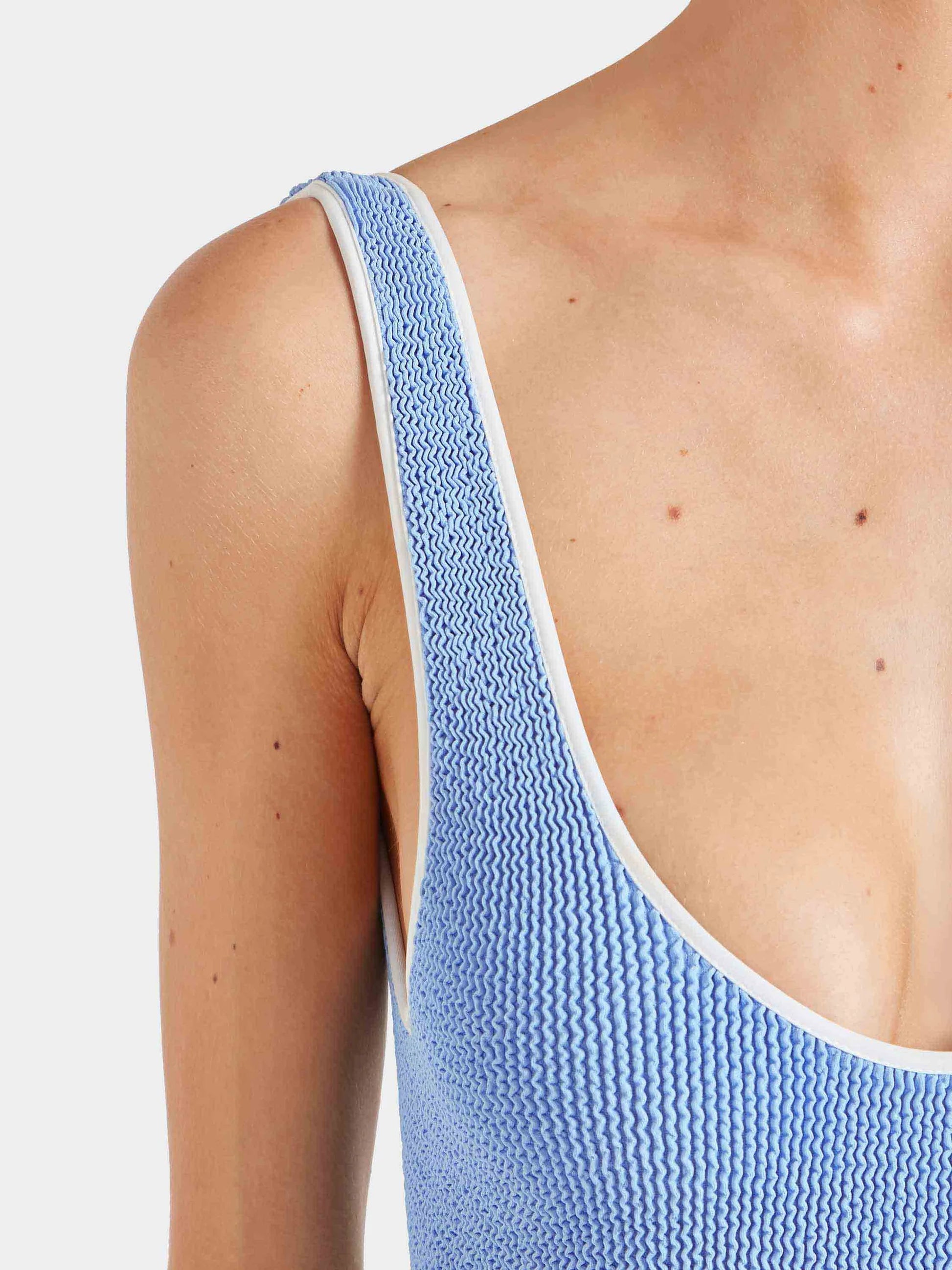 Faye Swim Cornflower/White in blue — back view | Belle Mar Swim