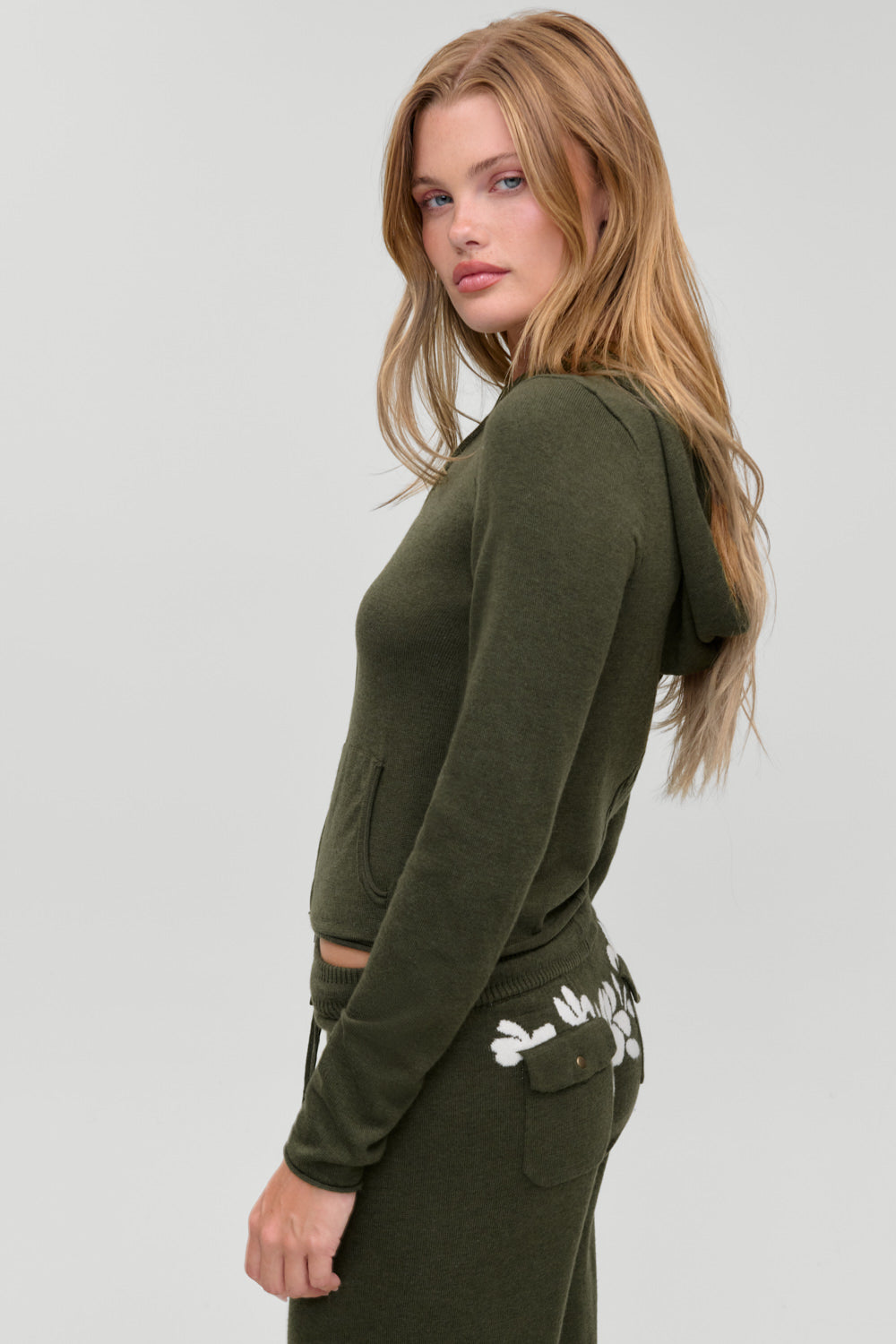 Calvin knit zip up hoodie in Alpine Flower, side view