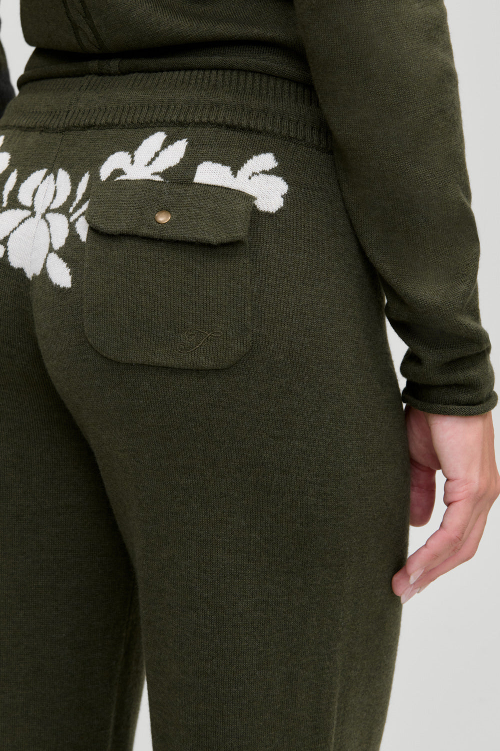 Calvin knit lounge pant in Alpine Flower, close detail of the custom floral intarsia knit