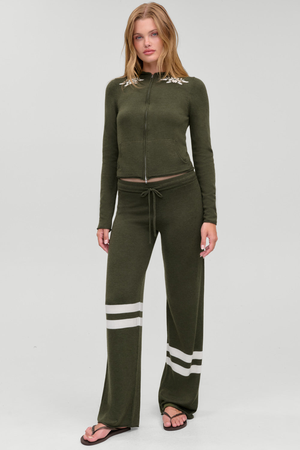 Calvin knit zip up hoodie in Alpine Flower worn with the matching Calvin knit lounge pant