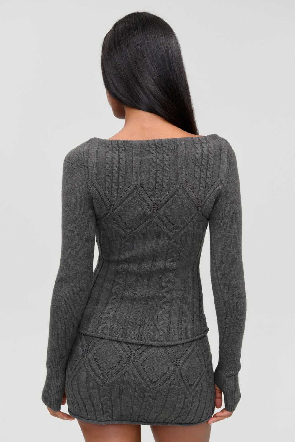 Cyprus Cloud cable knit top in Winter Skies charcoal, second back view showing fitted silhouette