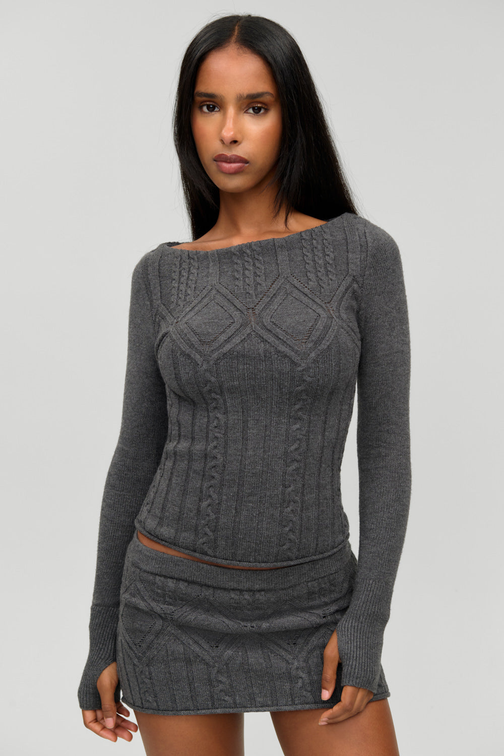 Cyprus Cloud cable knit top in Winter Skies charcoal, front view on model