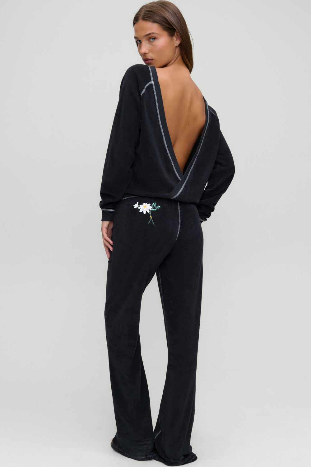 Robertson terry pant in Laurel black, back view showing sequin embroidery