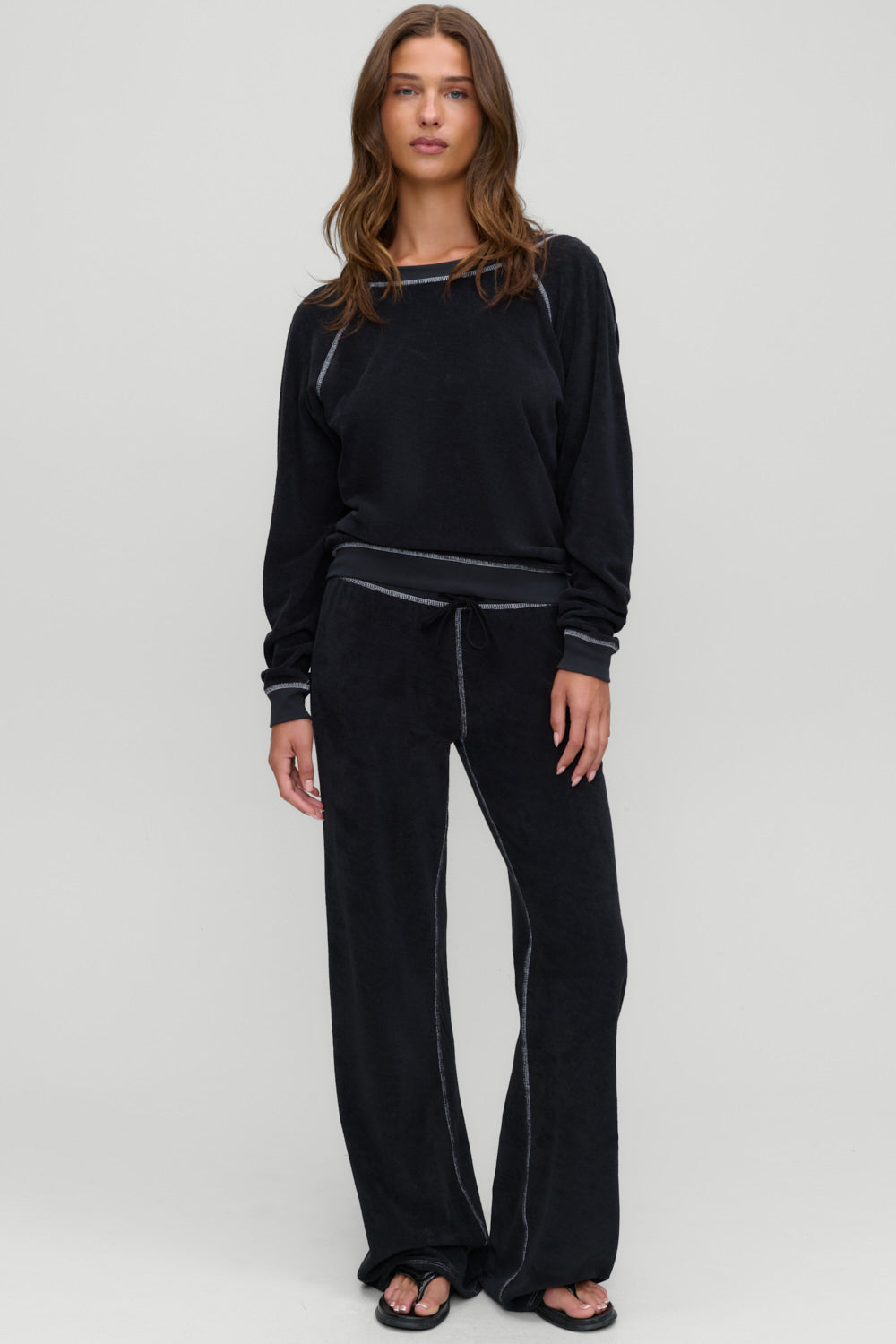 Robertson terry pant in Laurel black, second front view showing low rise drawstring waist