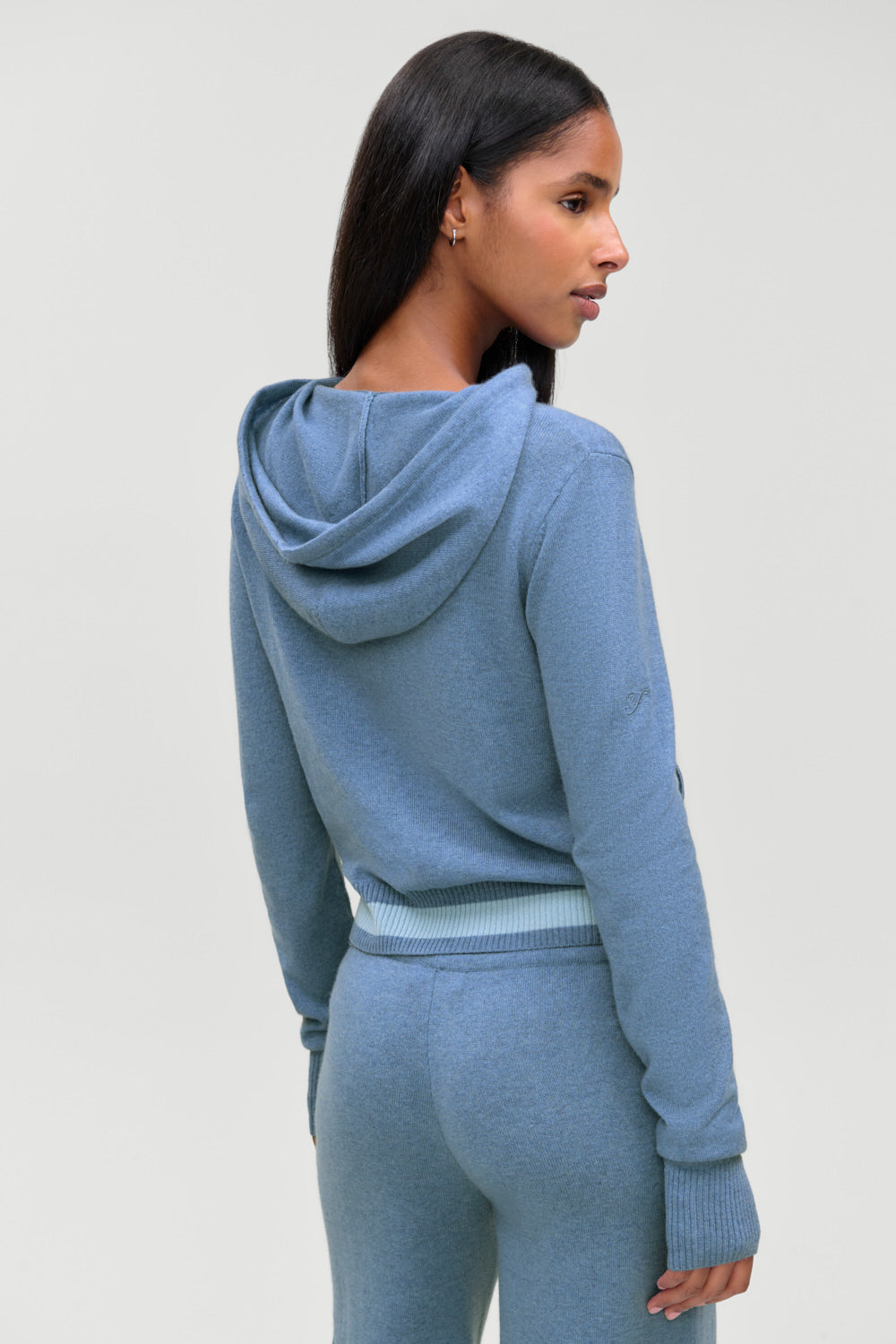 Topanga cashmere zip up hoodie in Blue Lake, back view