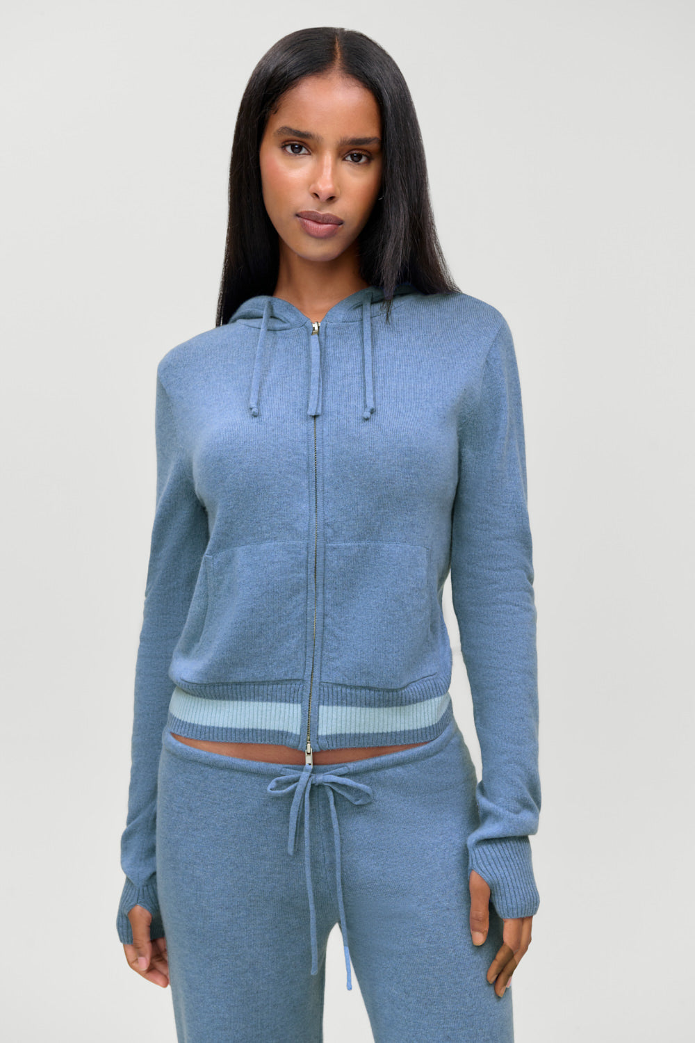 Topanga cashmere zip up hoodie in Blue Lake, front view on model