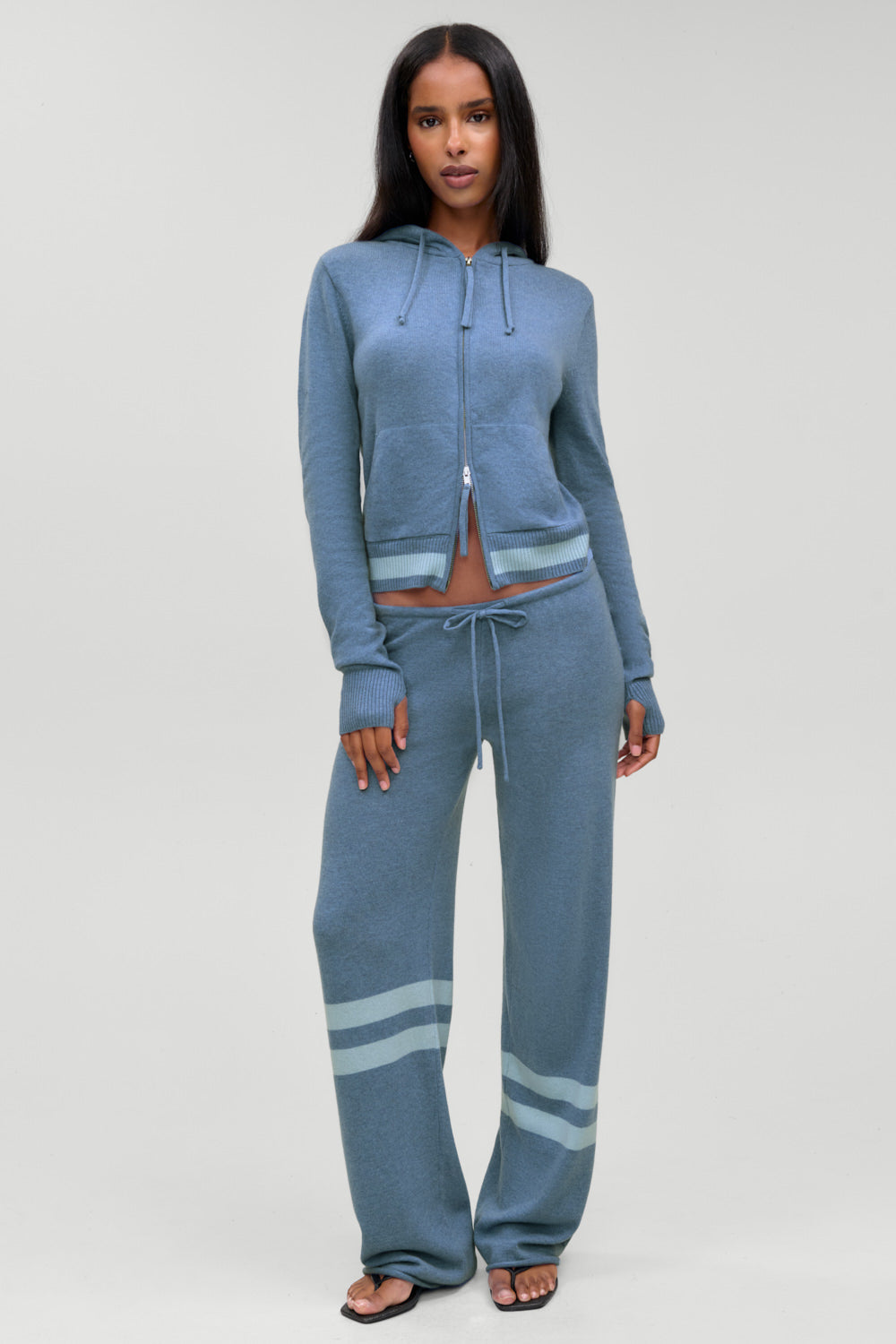 Topanga cashmere zip up hoodie in Blue Lake, front view showing drawstring hood and front pockets