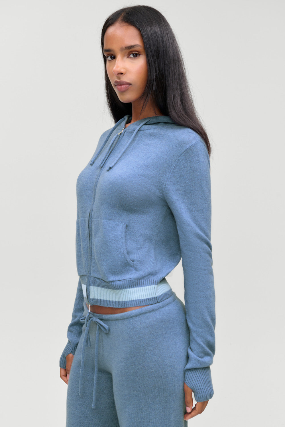 Topanga cashmere zip up hoodie in Blue Lake, side view