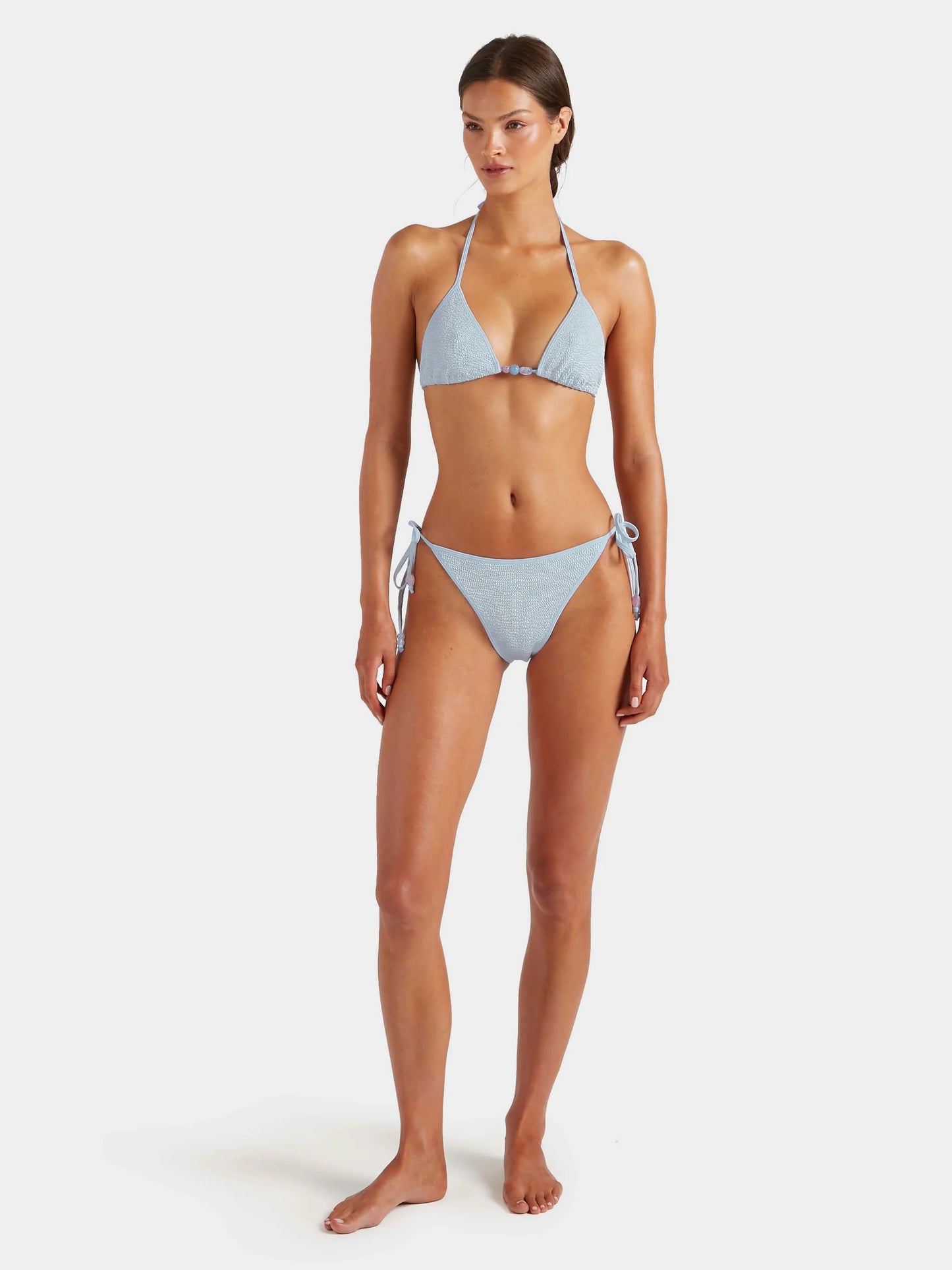 Gina Beaded Bikini Metallic Ice Blue in blue — close-up | Belle Mar Swim