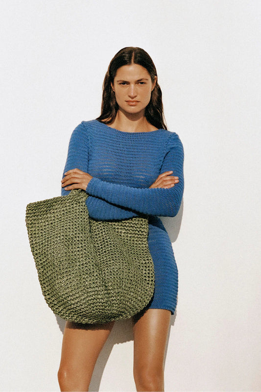 Crochet Lattice Knit Mini Dress Bright Blue