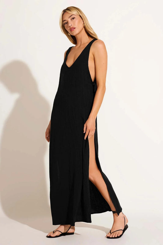 Vitamin A Riviera Dress in Black Crinkle Linen