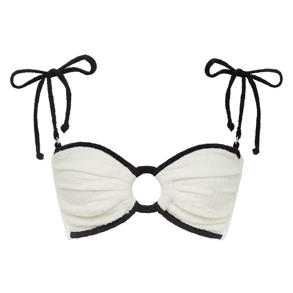 Montce Cream Black Binded Terry Rib Tori Ties Bandeau Bikini Top