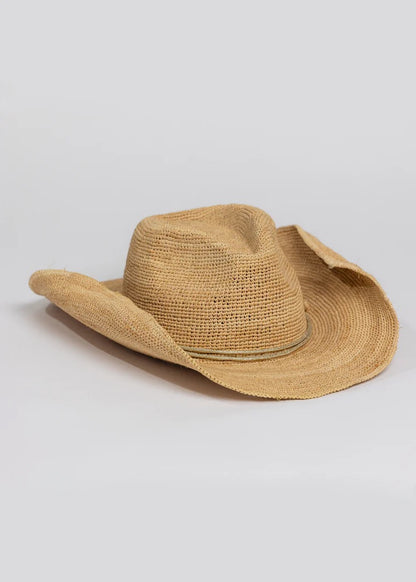 Raffia Crochet Cowboy Hat with Gold Wrap