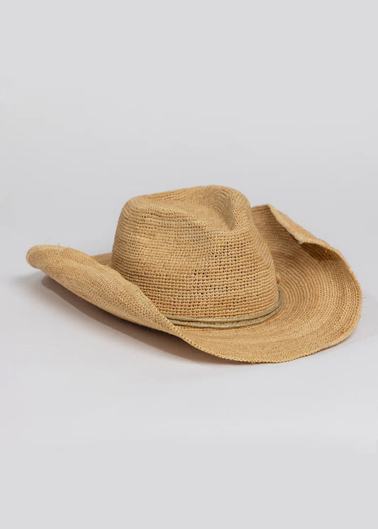 Raffia Crochet Cowboy Hat with Gold Wrap