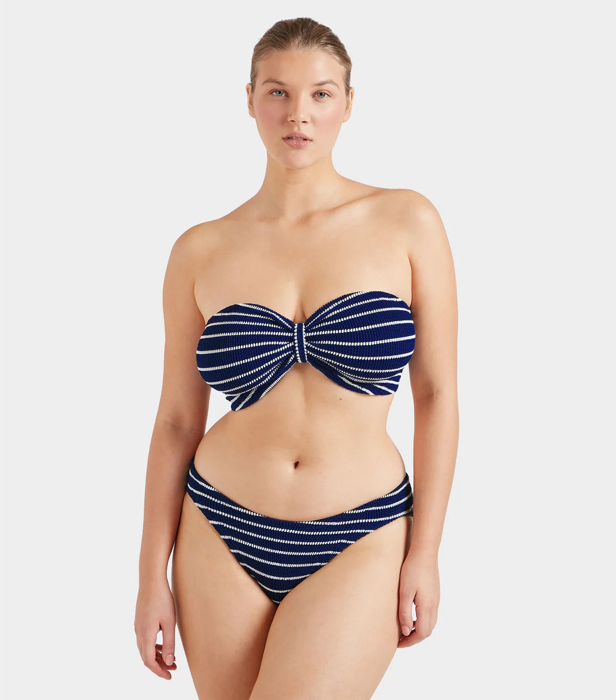 Hunza G Jean Bikini in Navy and White stripe — front view | Belle Mar Swim