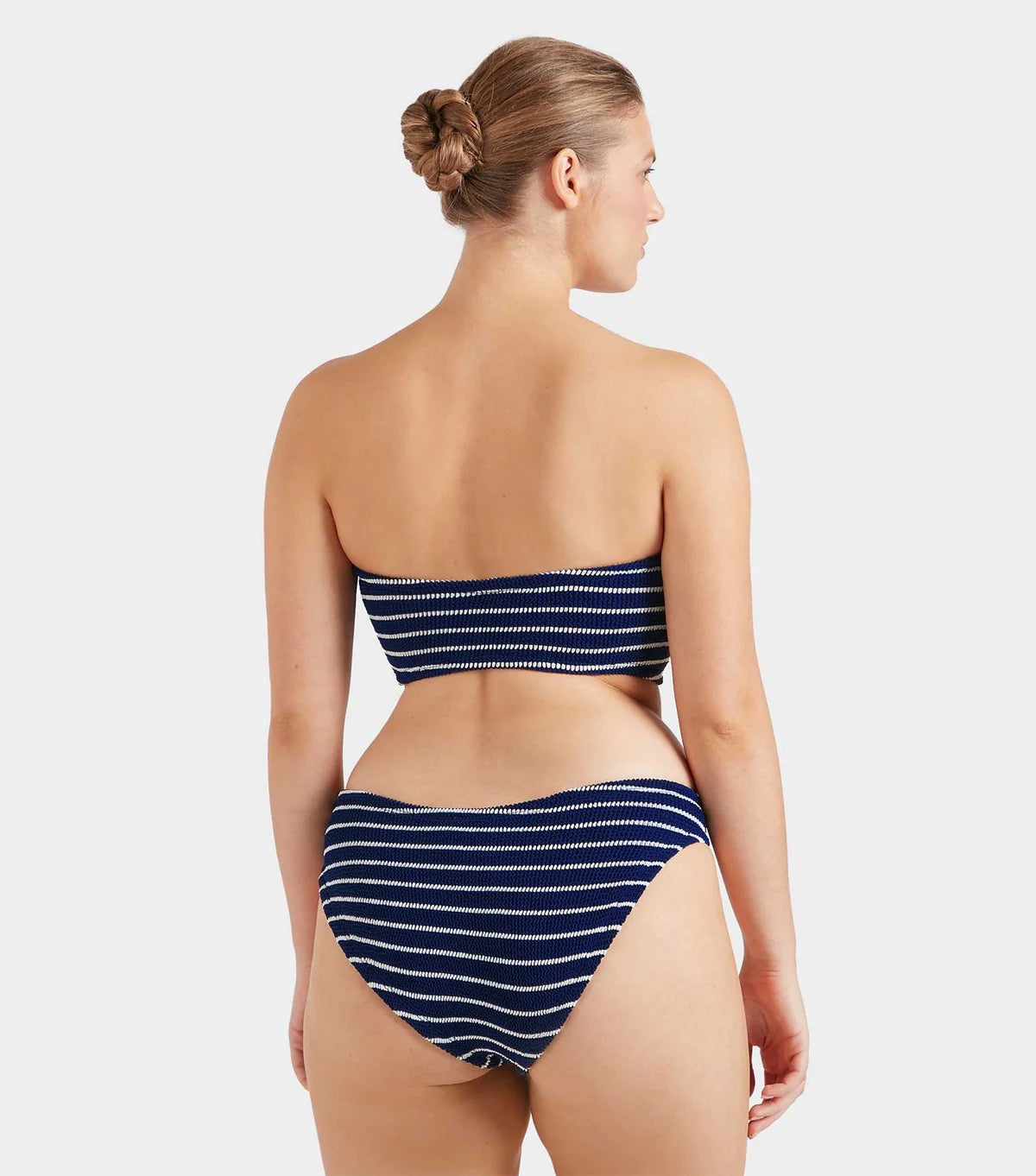 Hunza G Jean Bikini in Navy and White stripe — front detail | Belle Mar Swim