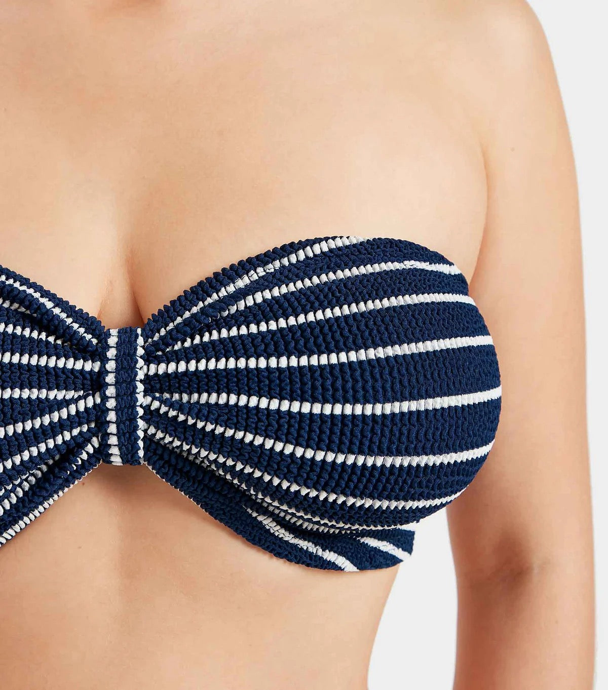 Hunza G Jean Bikini in Navy and White stripe — bandeau top detail | Belle Mar Swim