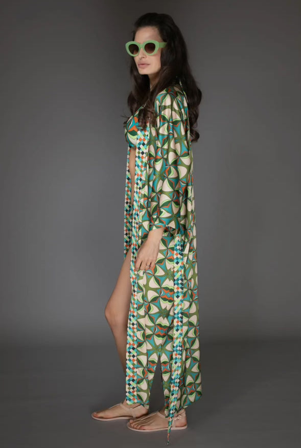 Nuvula Abstract Print Green Satin Kimono