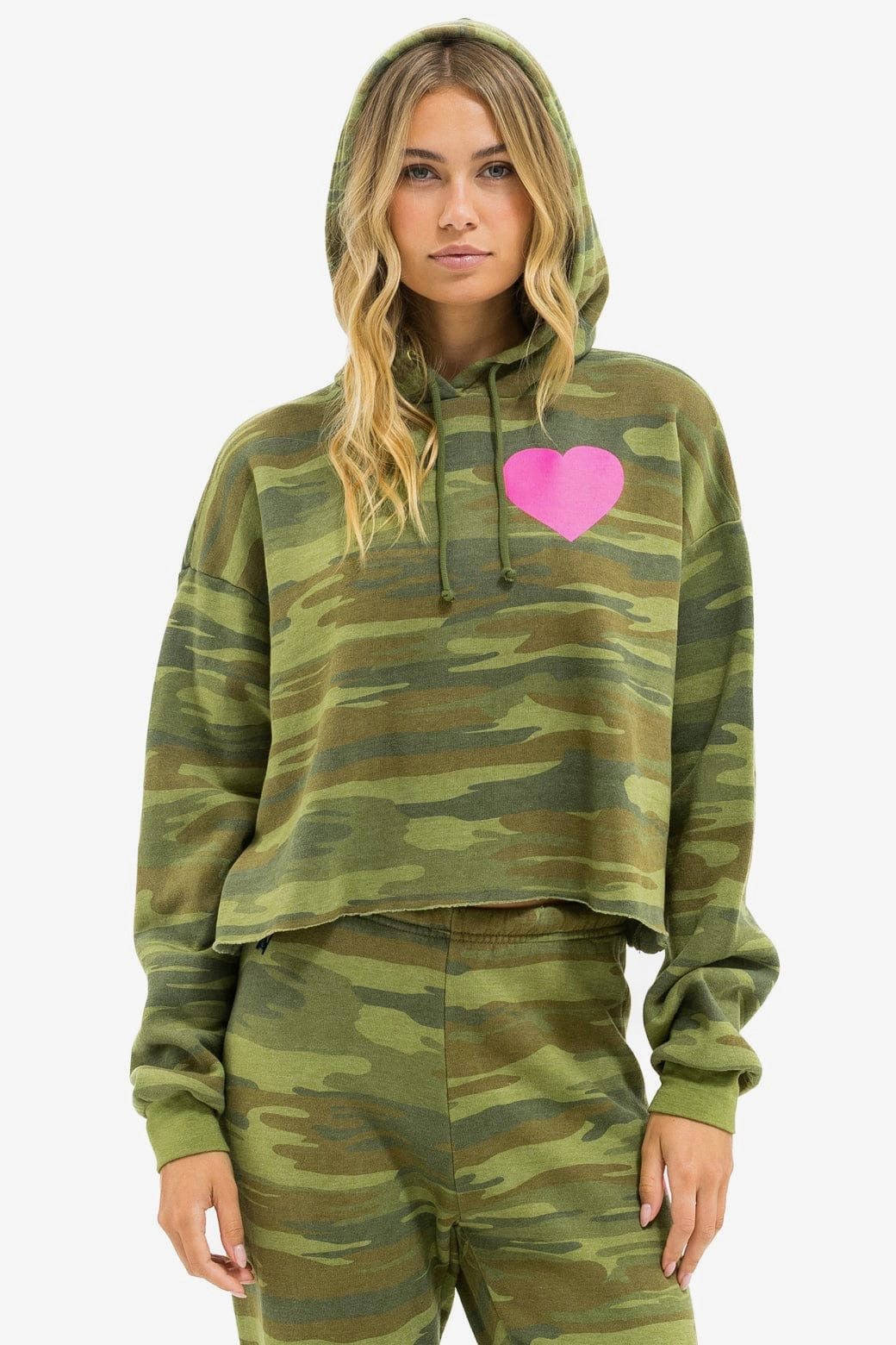 Aviator Nation Heart Cropped Pullover Hoodie Relaxed Camo Neon Pink in green — front view | Belle Mar Swim