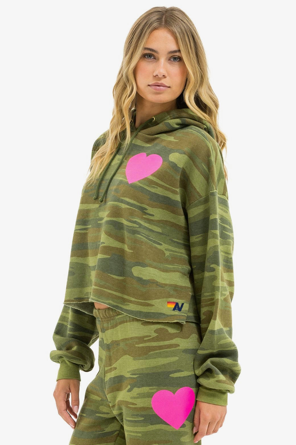 Heart Cropped Pullover Hoodie Relaxed Camo Neon Pink in green — back view | Belle Mar Swim