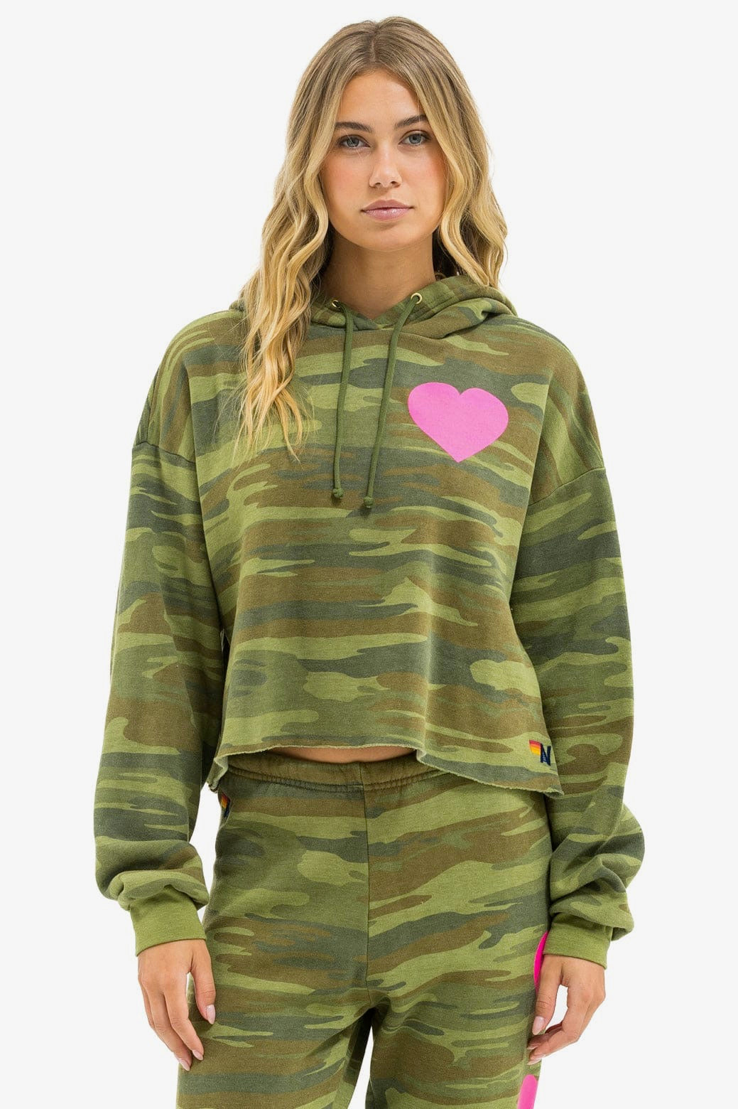 Heart Cropped Pullover Hoodie Relaxed Camo Neon Pink in green — detail view | Belle Mar Swim