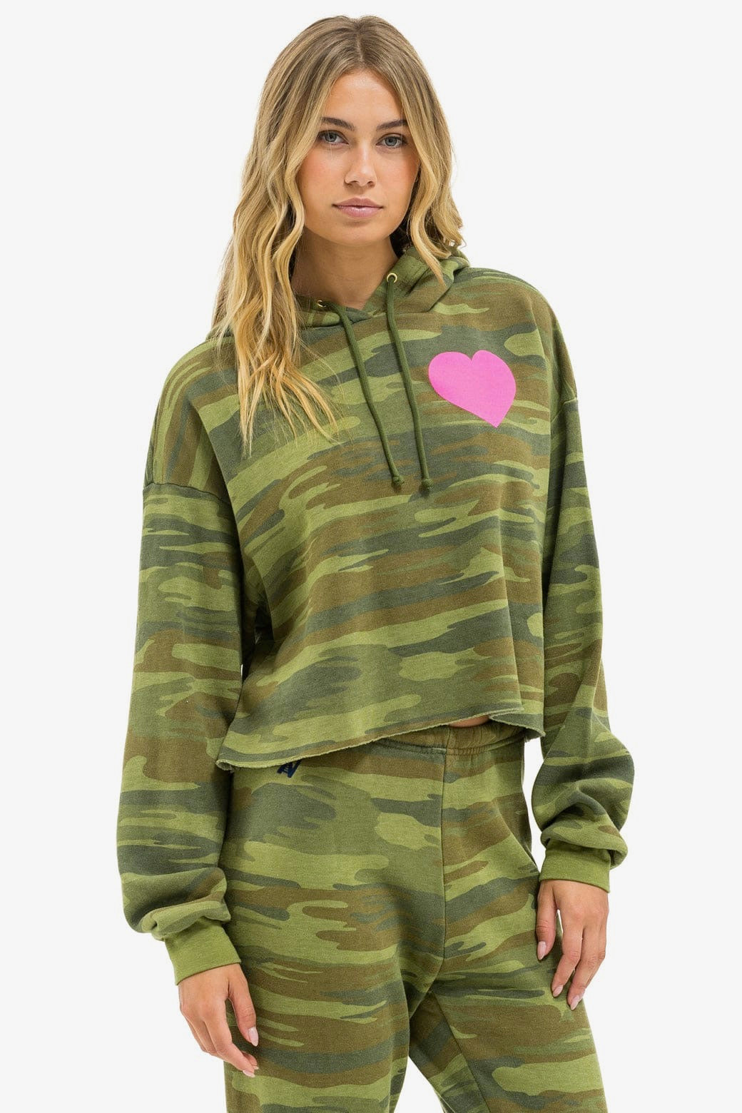 Heart Cropped Pullover Hoodie Relaxed Camo Neon Pink in green — view 7 | Belle Mar Swim
