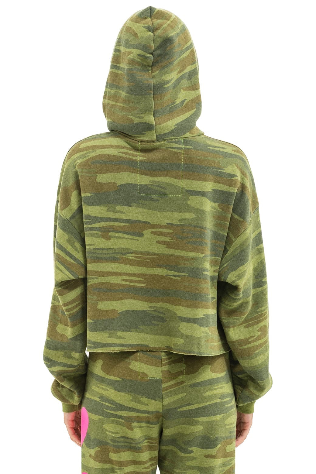 Heart Cropped Pullover Hoodie Relaxed Camo Neon Pink in green — view 8 | Belle Mar Swim