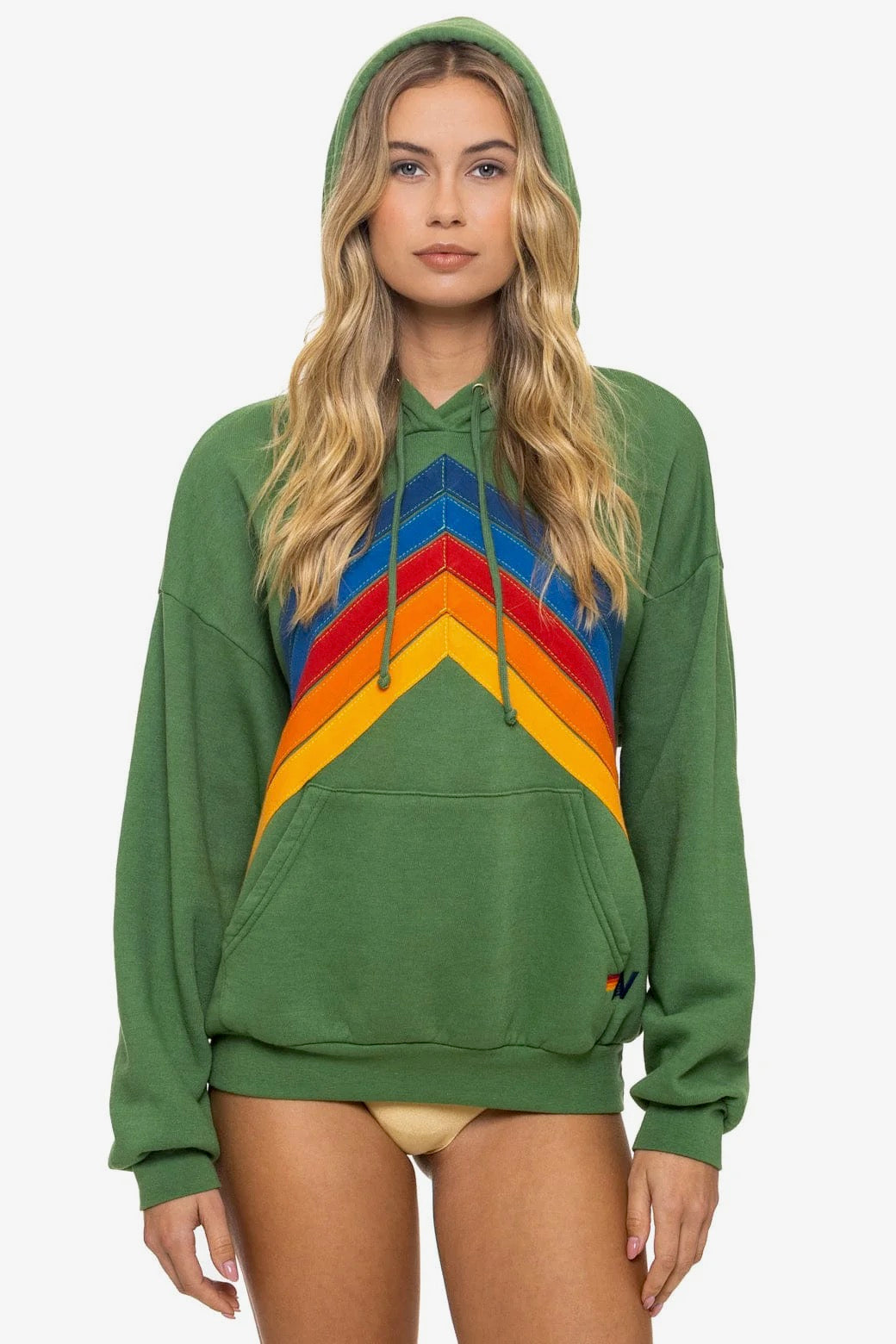 Aviator Nation Mountain Stitch Chevron Pullover Hoodie Relaxed Palm in green — front view | Belle Mar Swim