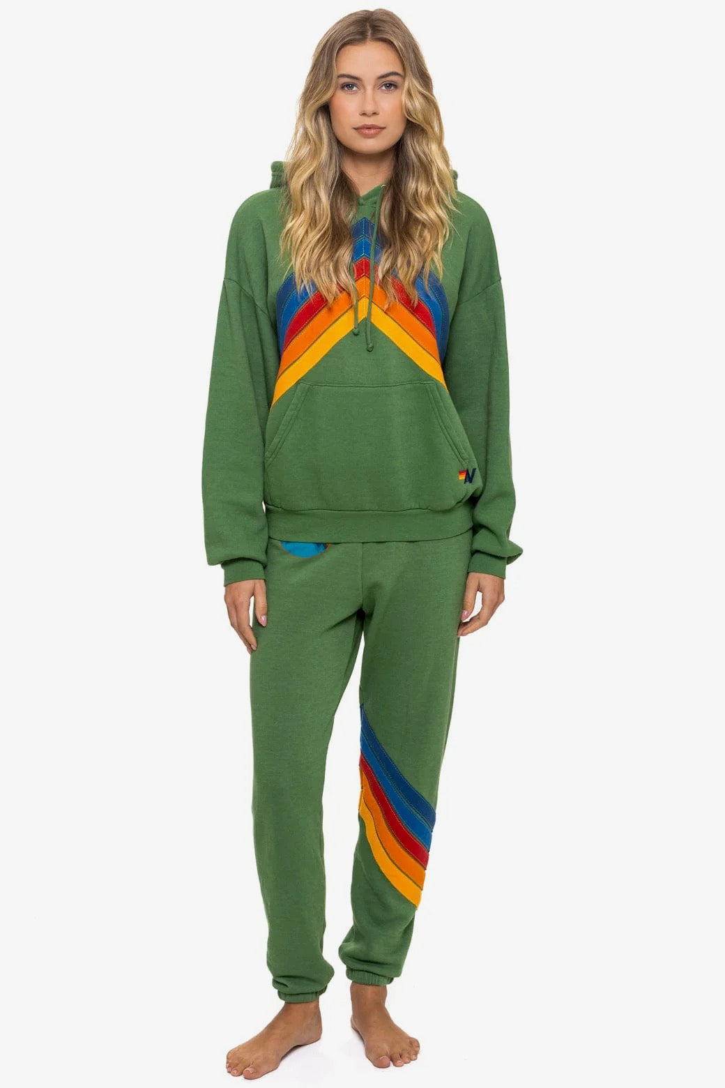 Mountain Stitch Chevron Pullover Hoodie Relaxed Palm in green — detail view | Belle Mar Swim